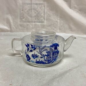 Vintage, Small or Single Blue Willow Glass Teapot 4in H x 7in L x 4.5in D